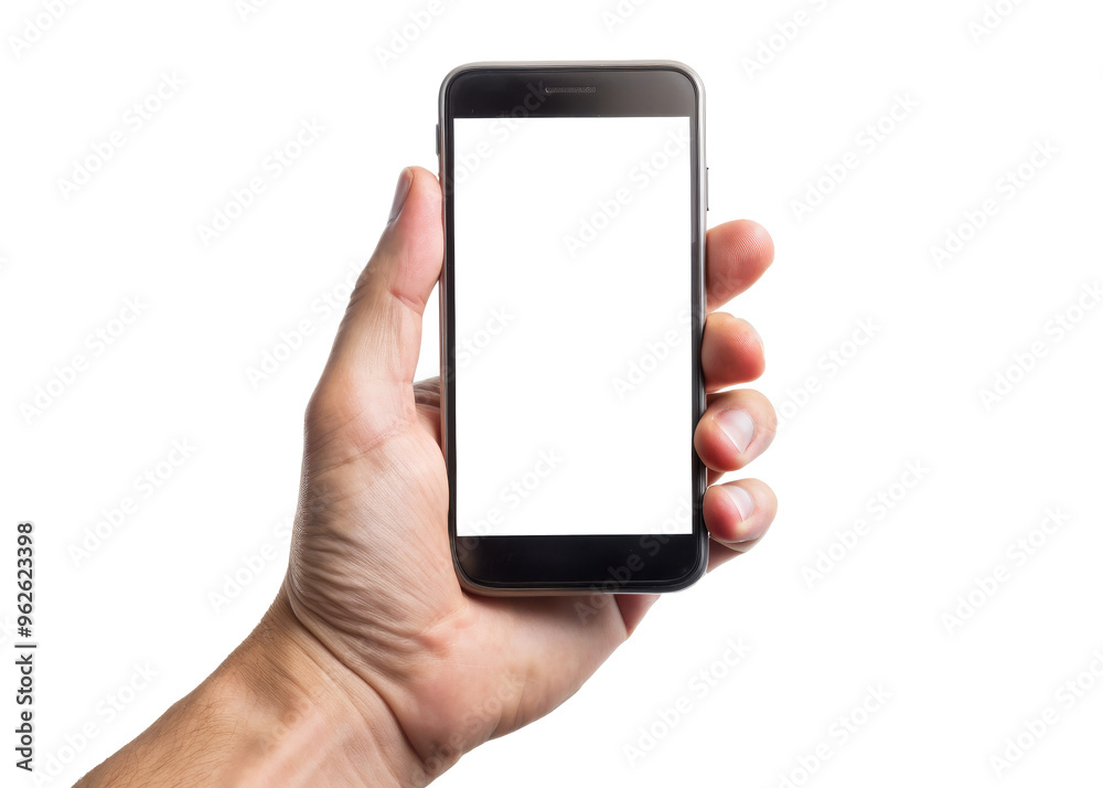 Close up hand hold Smartphone with Blank Screen Isolated on White Background Close up hand hold Smartphone with Blank Screen Isolated on White Background