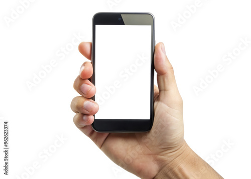 Mockup image of hand holding Smartphone with Blank Screen Isolated on White Background