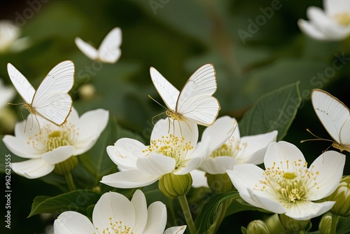 Serene White Butterflies Resting on Delicate White Flowers with Golden Accents in Nature's Peaceful Beauty