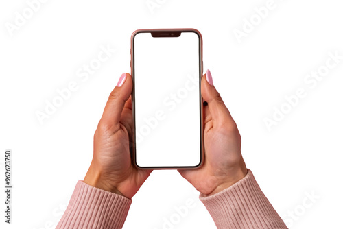 Hands Holding Smartphone with Blank Screen cut out. isolated on transparent background. Copy space.
