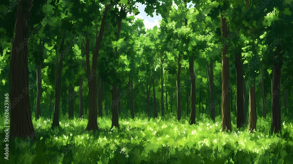 Fototapeta premium A lush green forest with tall trees and sunlight filtering through the canopy.