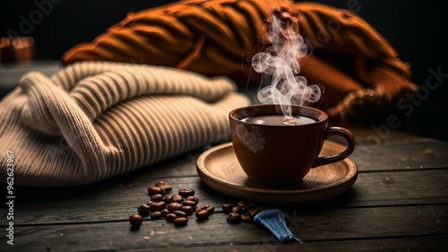 a cup of coffee and a sweater on a wooden table