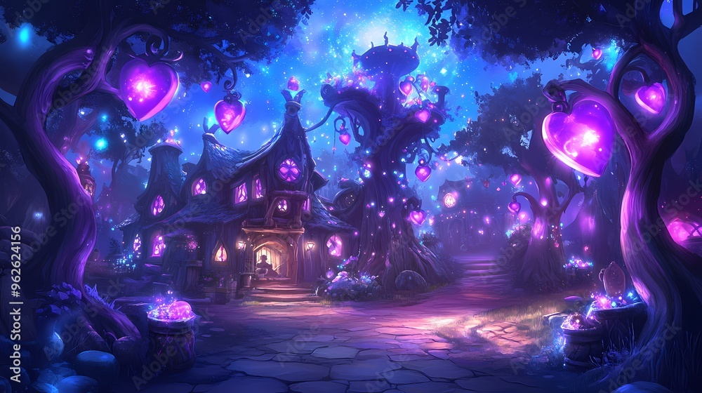 Fototapeta premium A magical, fairytale-like house sits nestled in a forest of glowing trees. It features a stone path, purple flowers, and an enchanting sky.