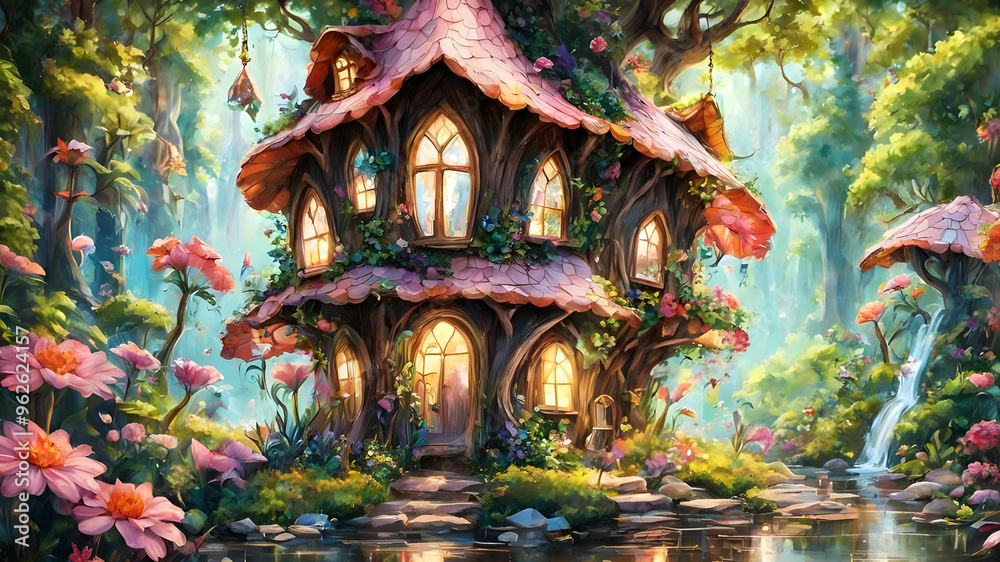 Obraz premium A magical fairy house nestled in a mystical forest, with vibrant flowers and sparkling streams.
