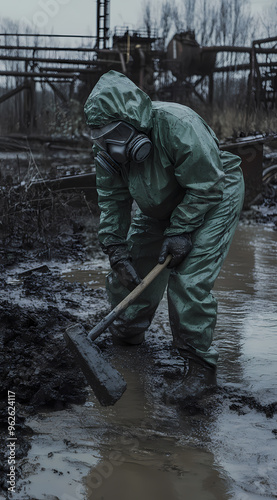 Industrial worker in hazmat suit clears chemical waste from riverbank.