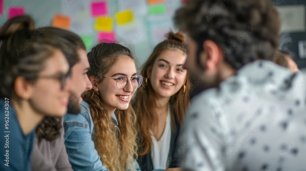 Fototapeta premium A group of young adults sit together, smiling and engaging in a casual brainstorming session. Colorful sticky notes on the wall in the background indicate a creative and collaborative work environment
