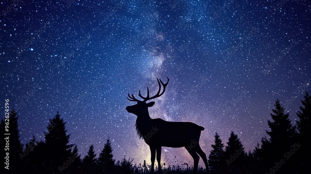 Silhouette of a Deer Standing in a Forest Under a Starry Night Sky Silhouette of a Deer Standing in a Forest Under a Starry Night Sky