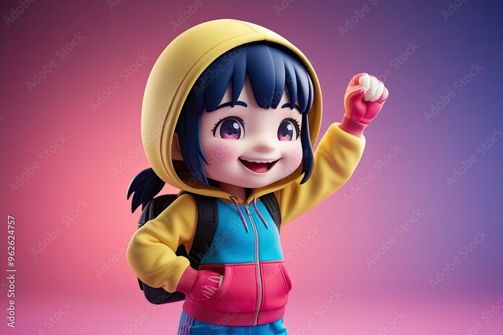 Φωτογραφία Vibrant 3D Illustration of Cheerful Kawaii Girl in Sporty Look with Yellow Hoodi