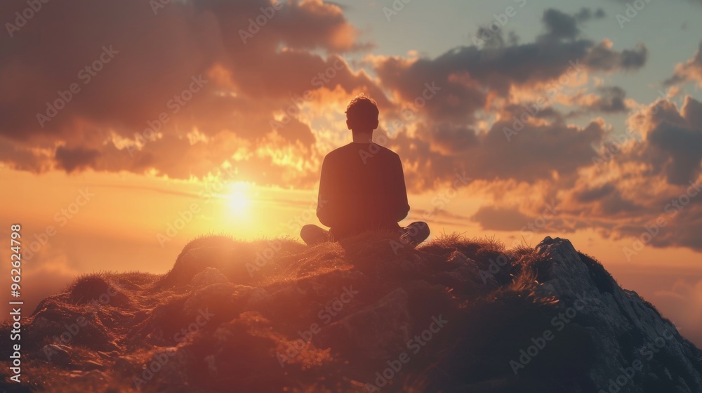 A man sits in a meditative pose atop a mountain, silhouetted by the golden hues of a sunset. The serene landscape, with dramatic clouds, captures a moment of peaceful solitude and contemplation. A man sits in a meditative pose atop a mountain, silhouetted by the golden hues of a sunset. The serene landscape, with dramatic clouds, captures a moment of peaceful solitude and contemplation.