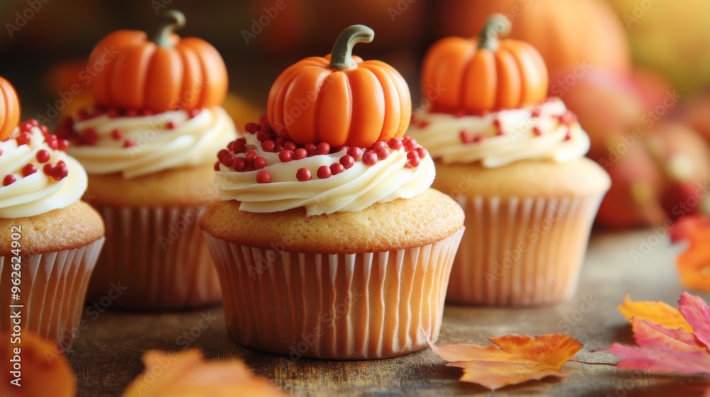 Pumpkin-Topped Cupcakes with Red Sprinkles and Fall Leaves Pumpkin-Topped Cupcakes with Red Sprinkles and Fall Leaves