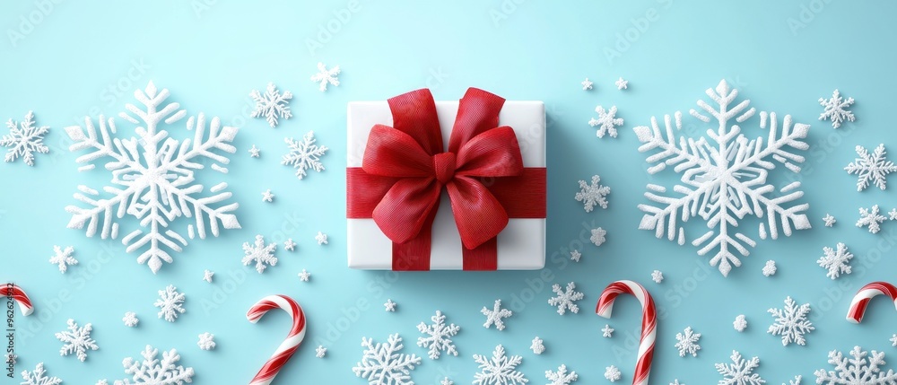 A beautifully wrapped gift with a red bow surrounded by snowy decorations and candy canes, perfect for the holiday season. A beautifully wrapped gift with a red bow surrounded by snowy decorations and candy canes, perfect for the holiday season.