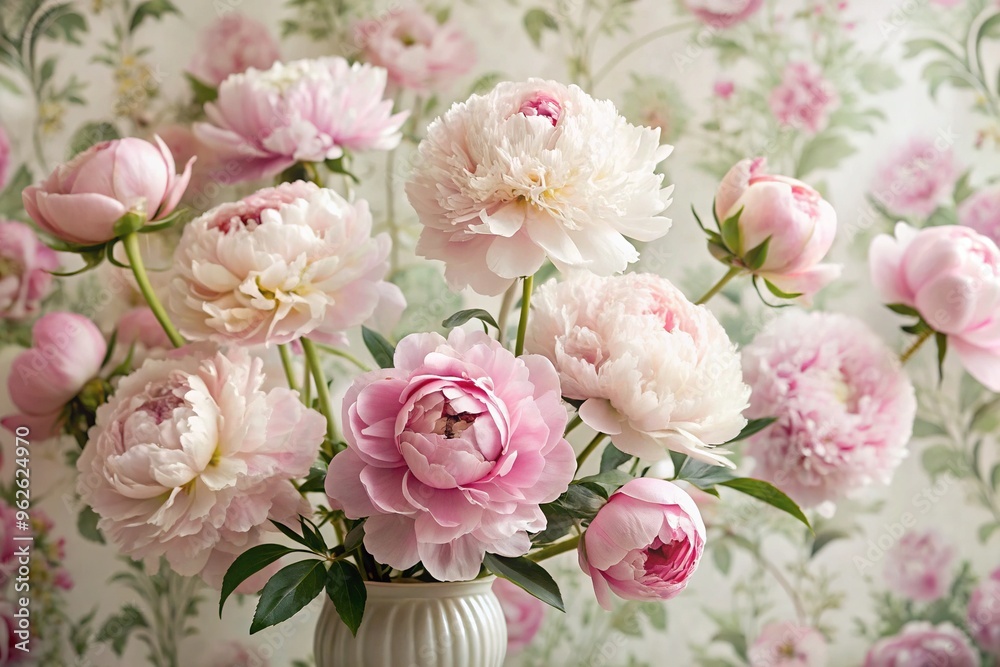 Delicate pink peony blooms against a soft, white, vintage-inspired floral wallpaper, creating a serene and romantic atmosphere in a subtly distressed, elegant interior setting. Delicate pink peony blooms against a soft, white, vintage-inspired floral wallpaper, creating a serene and romantic atmosphere in a subtly distressed, elegant interior setting.
