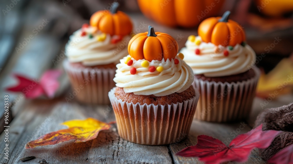 Pumpkin Spice Cupcakes with Autumn Decor Pumpkin Spice Cupcakes with Autumn Decor