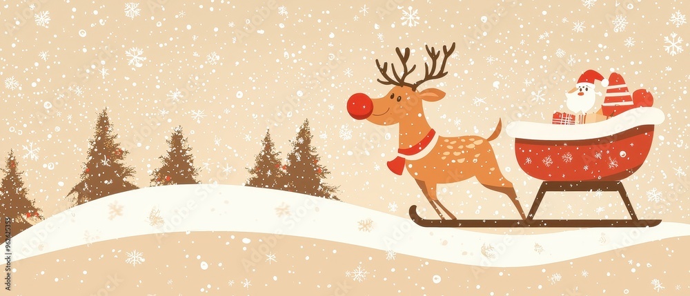 Fototapeta premium A whimsical illustration of Santa in a sleigh, pulled by a reindeer, amidst falling snow and evergreen trees, capturing holiday joy.