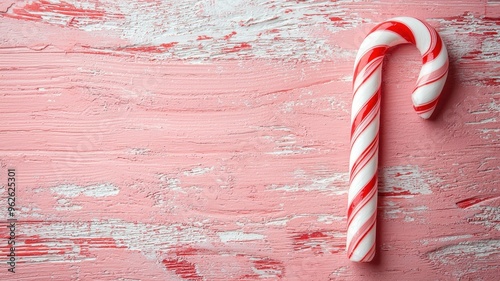A vibrant candy cane rests on a pink wooden background, evoking a festive and cheerful mood perfect for holiday celebrations.