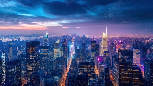 Nighttime View of a City Skyline with Illuminated Buildings and a Dramatic Sky