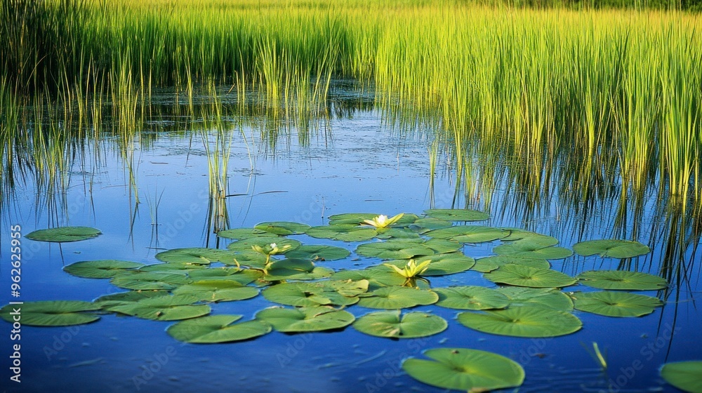Lily Pads and Lush Greenery Reflecting in a Calm Pond