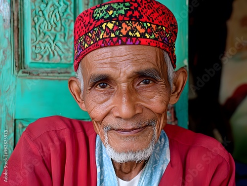 Portrait of a Smiling Senior Man Wearing Traditional Headwear photo