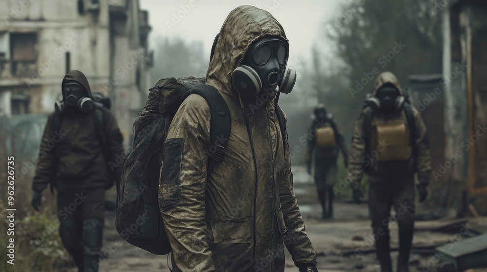 Survivors clad in biohazard suits and gas masks wander through the remnants of civilization, illustrating the harsh reality of a post-apocalyptic scenario Survivors clad in biohazard suits and gas masks wander through the remnants of civilization, illustrating the harsh reality of a post-apocalyptic scenario