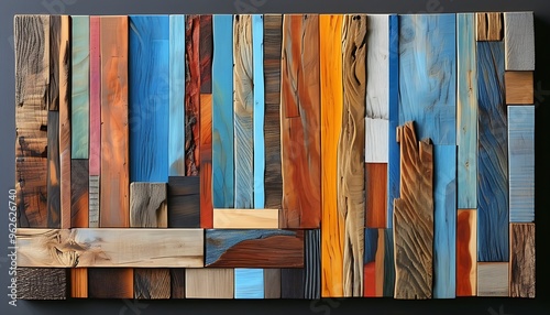 A work of art made of wood with multiple colors and textures demonstrates the unique charm and simplicity of natural wood. photo