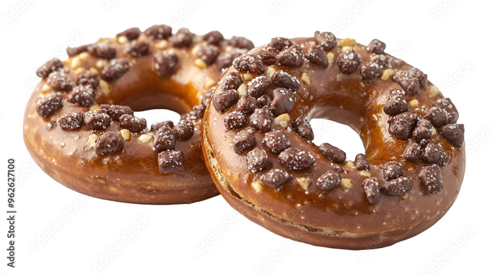 wo freshly baked donuts with a glossy chocolate glaze and scattered crunchy topping, placed side by side on a clean white surface, reflecting soft light, vibrant caramel and deep brown hues contrastin wo freshly baked donuts with a glossy chocolate glaze and scattered crunchy topping, placed side by side on a clean white surface, reflecting soft light, vibrant caramel and deep brown hues contrastin