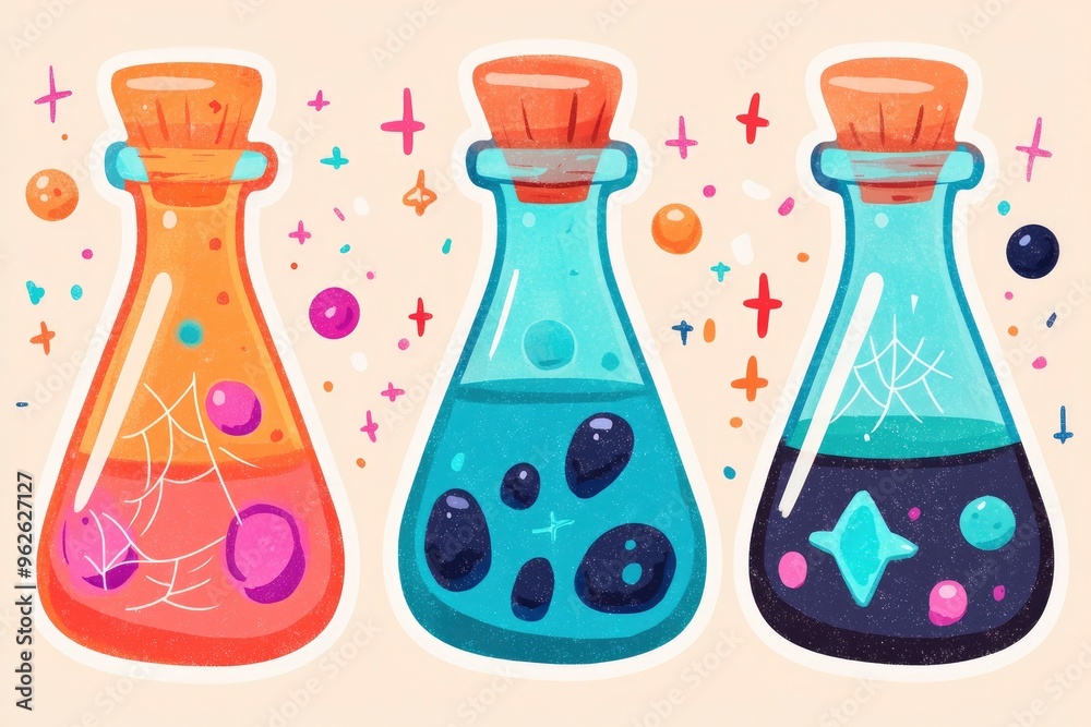 Colorful Potion Bottles with Magical Ingredients Colorful Potion Bottles with Magical Ingredients