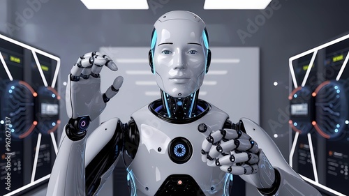 The AI is shown as a robot with a human-like face. The robot is in a futuristiclaboratory, surrounded by high-tech equipment. The background is a gray wall with a white board.  photo