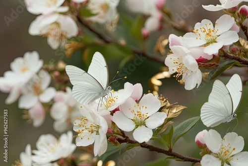 Delicate White Butterflies Resting on Soft Floral Blooms with Golden Highlights in Spring Nature Beauty