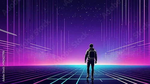 The background is filled with shimmering stars and purple streaks of light that form abstract patterns.