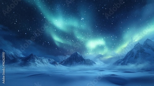 Aurora Borealis Display Over Snow-Covered Mountains