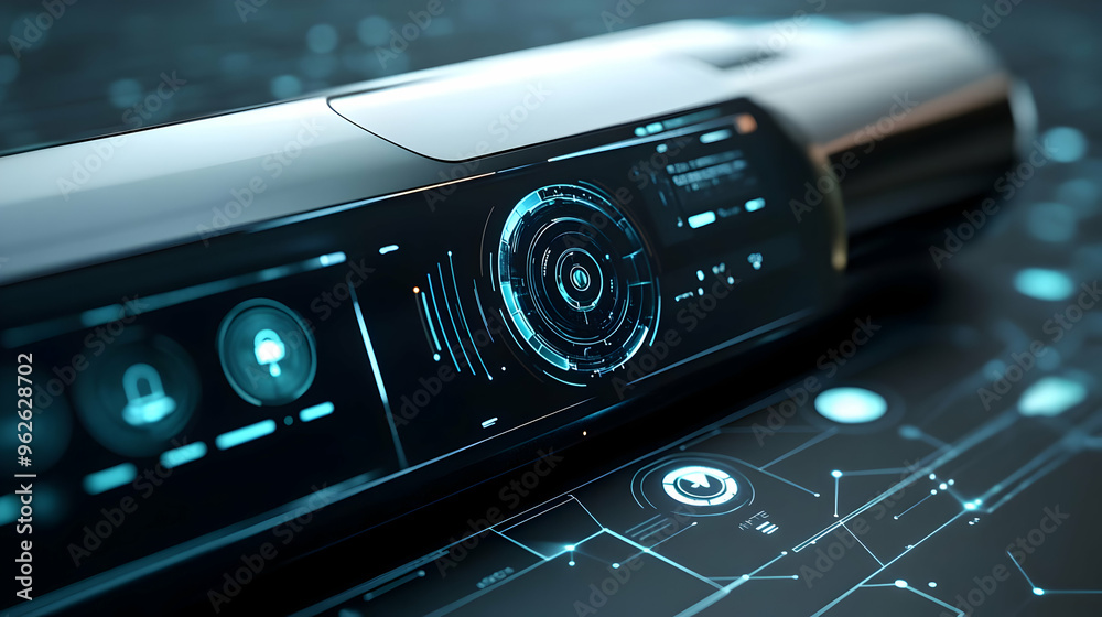 Obraz premium Futuristic Technology Interface with Glowing Blue Lights 3D Illustration