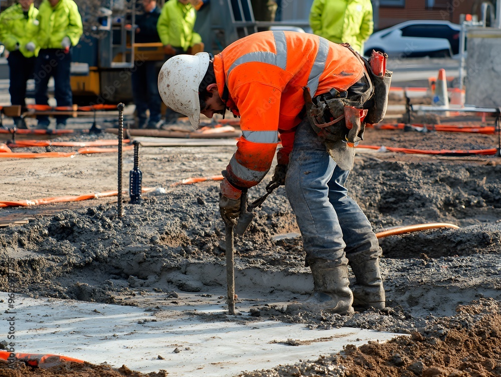 Construction Worker Placing Rebar in Wet Concrete Construction Worker Placing Rebar in Wet Concrete