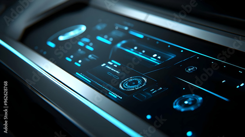 Futuristic Car Dashboard with Blue Glowing Interface - 3D Illustration