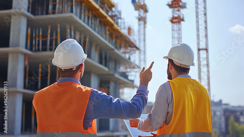 Architects and engineers standing together at a construction site, pointing towards a partially constructed building, while holding a tablet for project review 