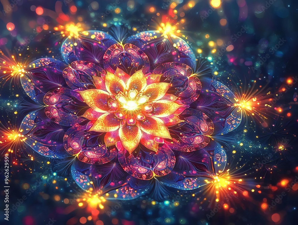 Fototapeta premium Bright fireworks illuminating floral mandalas in intricate detail, glowing with festive light, representing the fusion of celebration and tradition