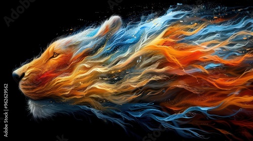 A vibrant illustration of a lion's head formed from flowing colors representing fire and water.