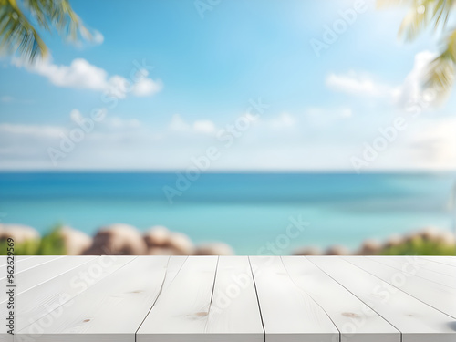 Empty plank white wood table top with blur blue sky and sea boekh background,summer holiday backdrop.Mock up template for display or montage of product or content use as panoramic banner in ads. photo