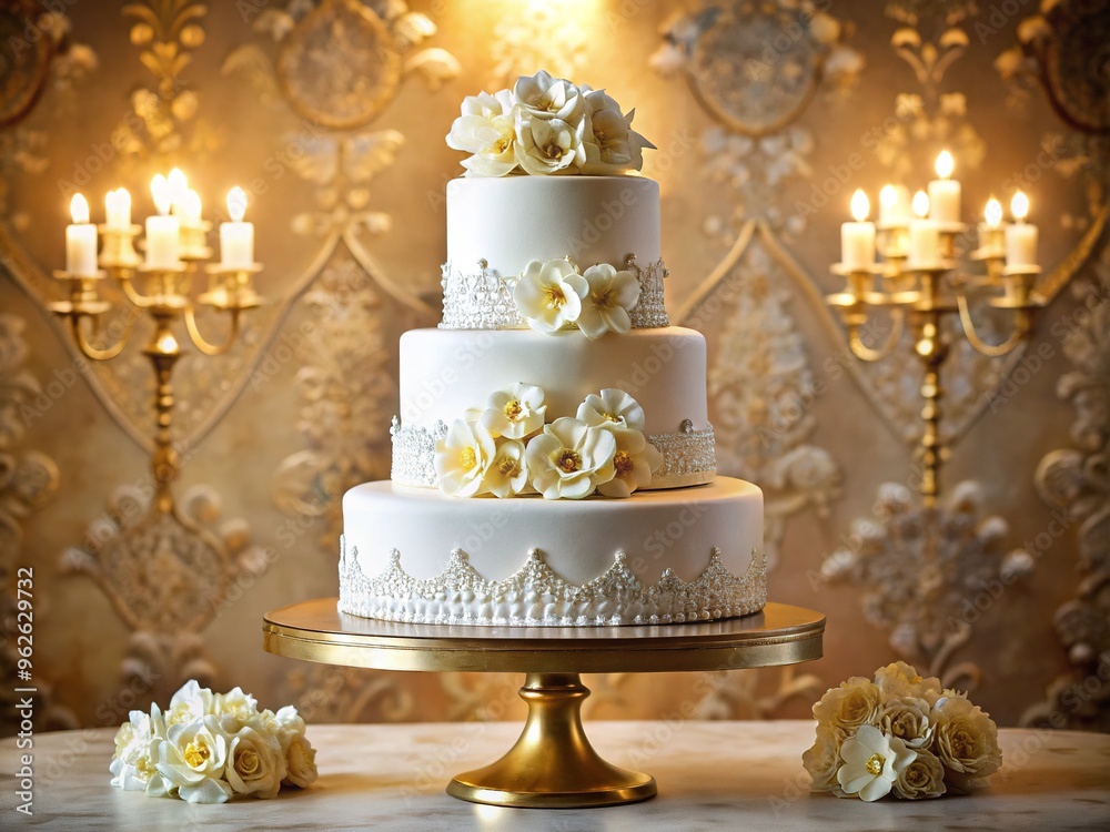 Elegant three-tiered wedding cake adorned with white fondant, delicate sugar flowers, and sparkling crystals, set atop a ornate golden pedestal on a lace tablecloth. Elegant three-tiered wedding cake adorned with white fondant, delicate sugar flowers, and sparkling crystals, set atop a ornate golden pedestal on a lace tablecloth.