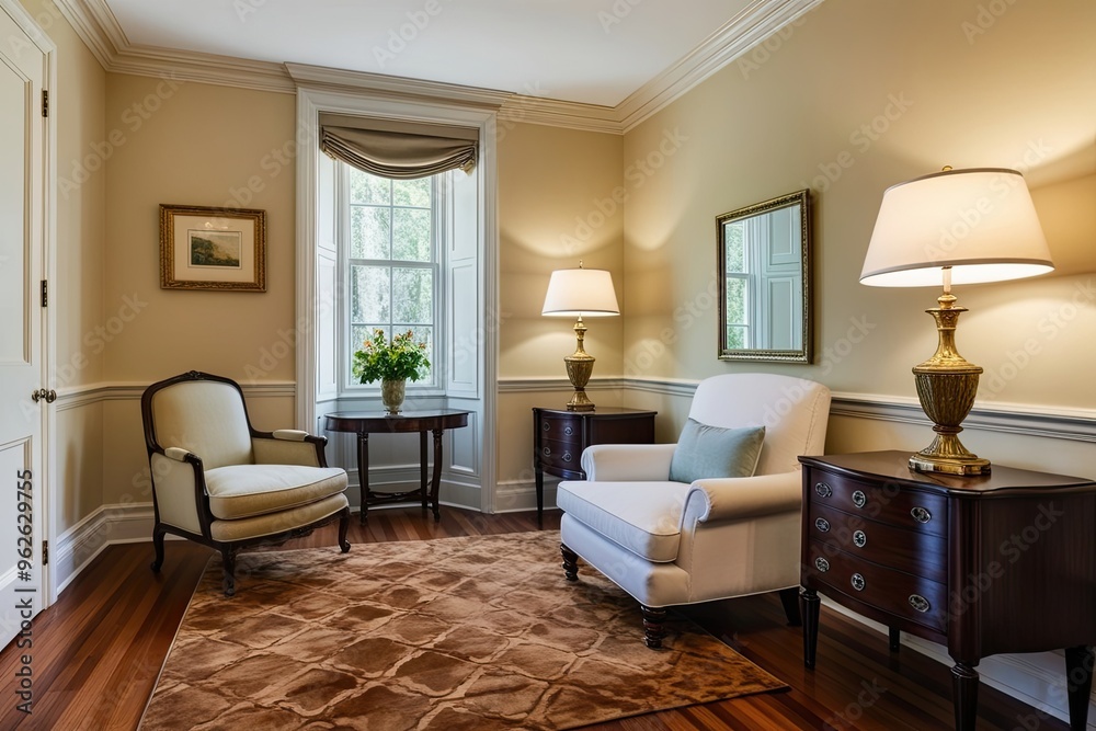 Fototapeta premium Luxury Guest Room with Classic Armchair Elegant Wood Flooring and Soft Cream Walls