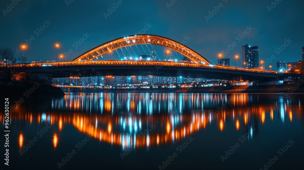 Naklejka premium A beautifully illuminated bridge reflecting in the water at night, showcasing urban architecture.