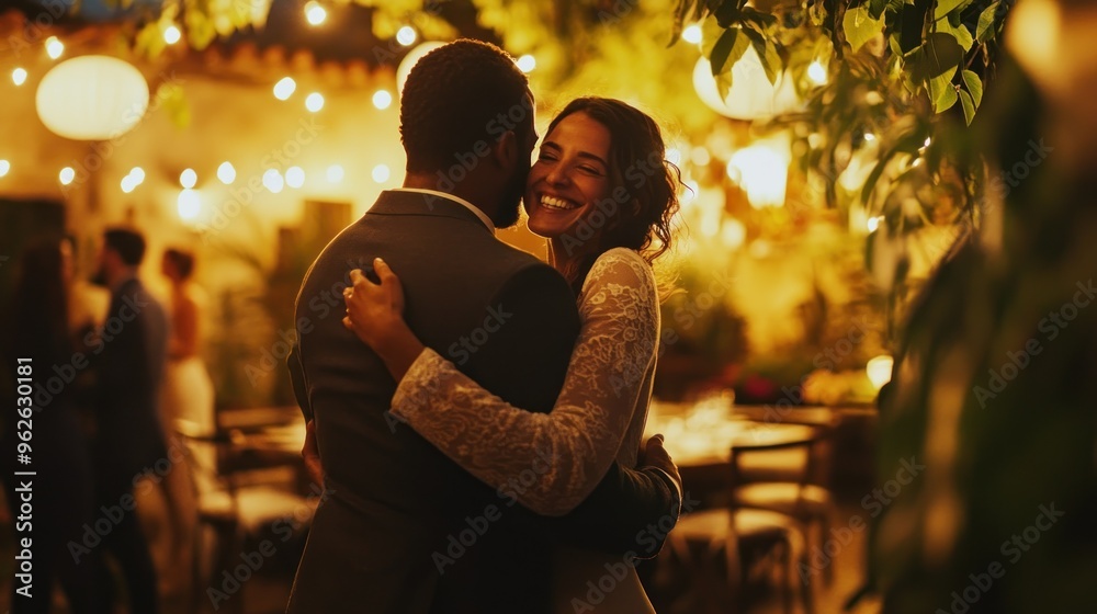 Bride and Groom Embracing Under Twinkling Lights Bride and Groom Embracing Under Twinkling Lights
