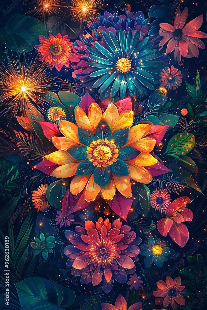 Floral mandalas in vibrant hues with fireworks blooming overhead, symbolizing joy and festivity, traditional and modern elements combined Floral mandalas in vibrant hues with fireworks blooming overhead, symbolizing joy and festivity, traditional and modern elements combined
