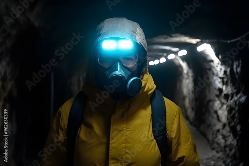 Person wearing a gas mask and headlamp walking in a dark tunnel photo