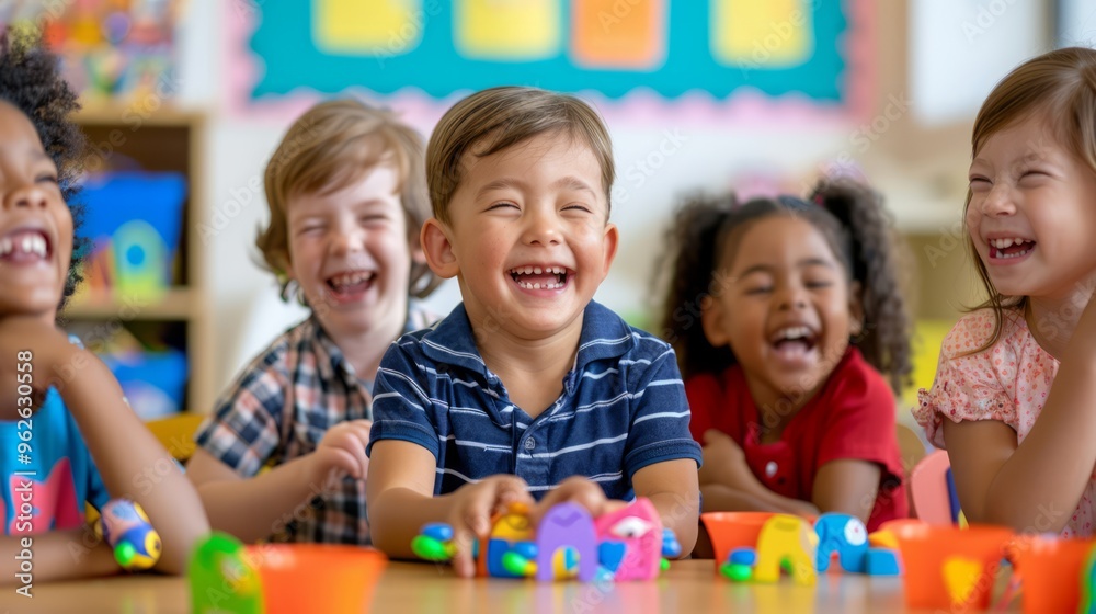 Naklejka premium Children participating in a role-playing activity to explore different emotions, capturing their diverse expressions and the supportive classroom environment. Copy space for text