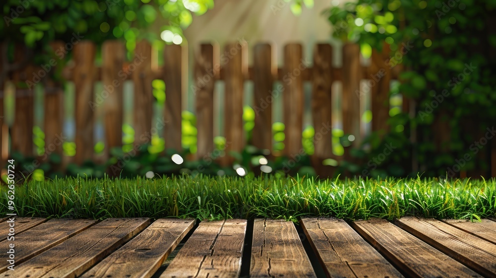 Fototapeta premium Designing Visual Layout with Wood Table Top, Fence, and Garden Grass Background for Product Presentation