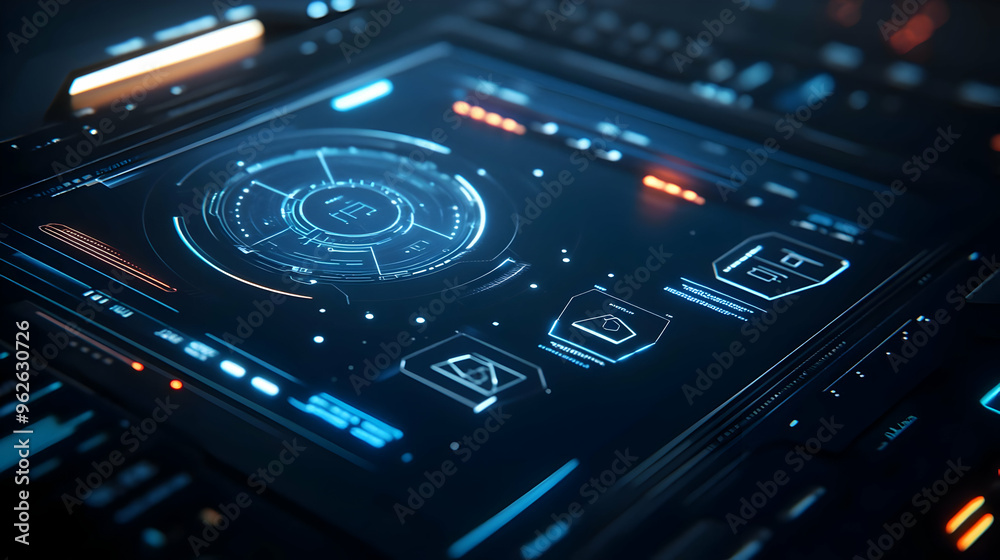 Futuristic Technology Interface with Glowing Blue and Orange Lines - 3D Illustration Futuristic Technology Interface with Glowing Blue and Orange Lines - 3D Illustration