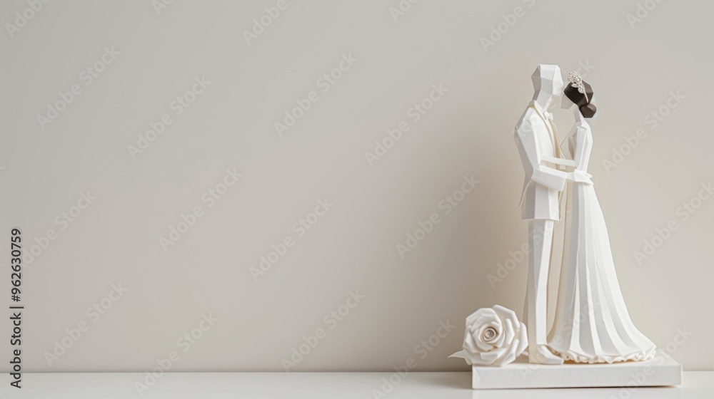 Elegant and minimalist wedding cake topper featuring a geometric bride and groom in an embrace. The white sculpture against a plain background highlights the simplicity and modernity, making it