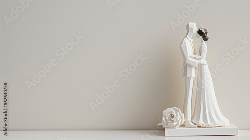 Obraz na płótnie Elegant and minimalist wedding cake topper featuring a geometric bride and groom in an embrace. The white sculpture against a plain background highlights the simplicity and modernity, making it w salonie