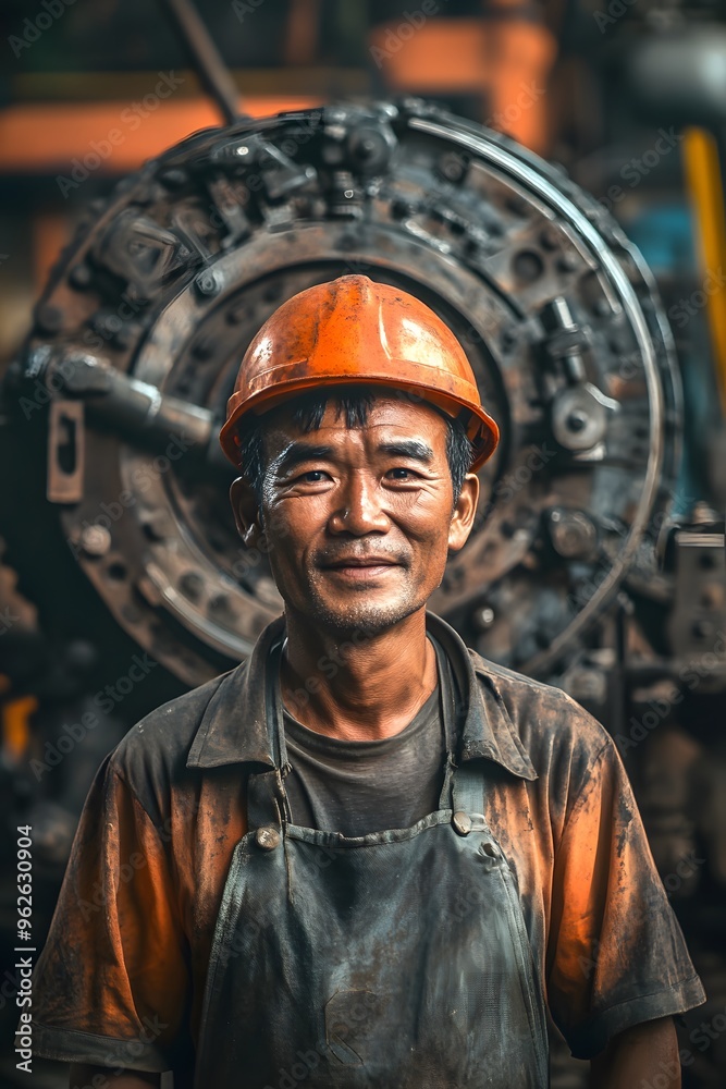 Smiling Industrial Worker in Hard Hat and Work Clothes