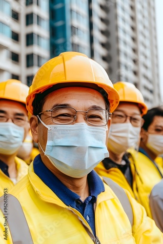 Construction Workers Wearing Hard Hats and Face Masks